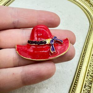 Vintage Red Hat Brooch with Purple Rhinestones Pin